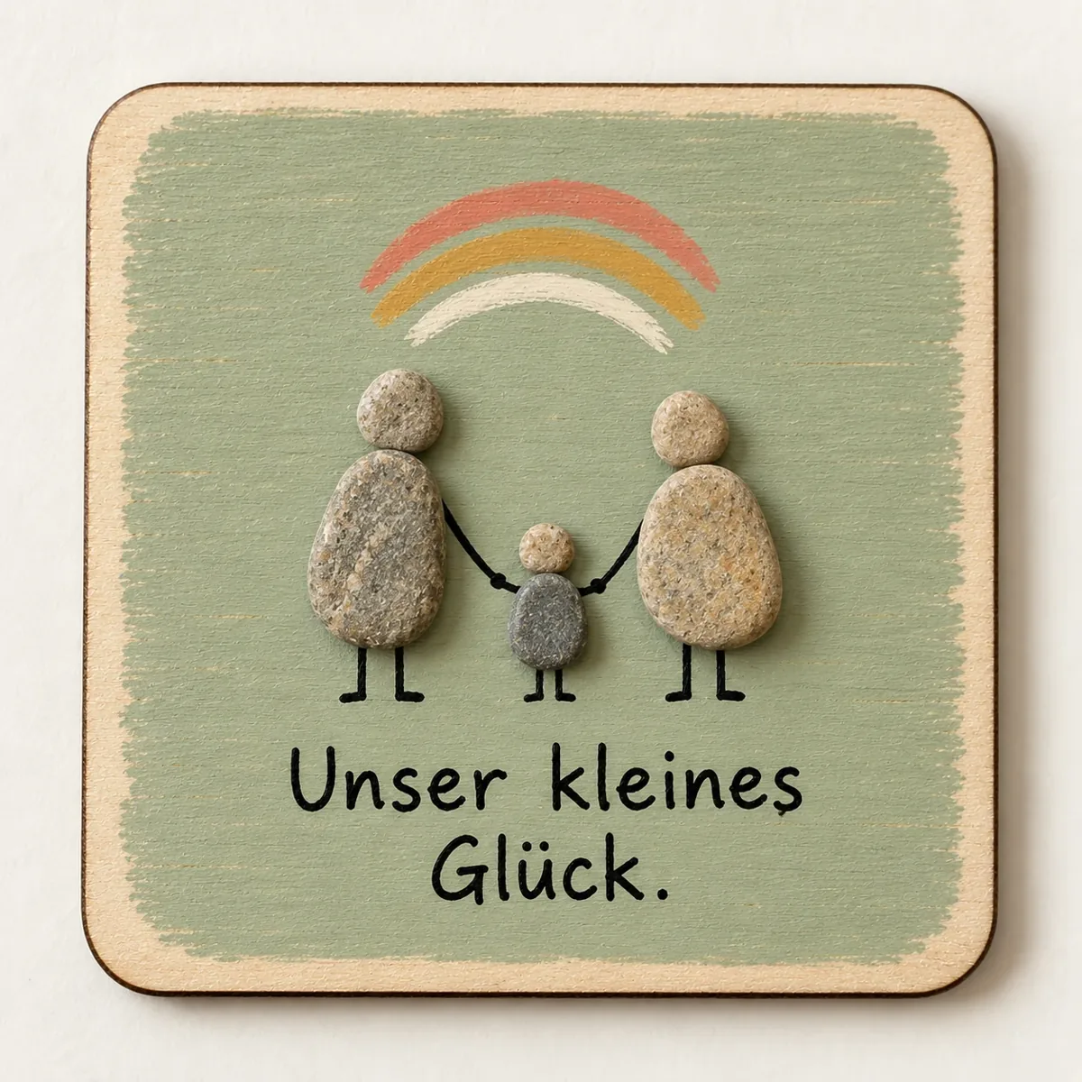 Handgemachter Schmölli „Unser kleines Glück“ auf einer farbig bemalten Holzplatte