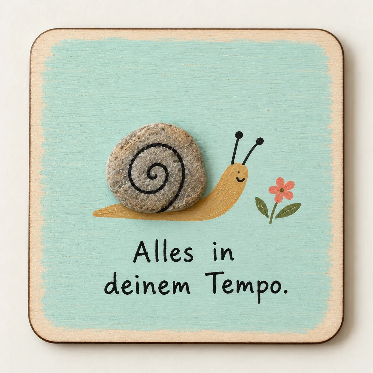 Handgemachter Schmölli „Alles in deinem Tempo“ auf einer farbig bemalten Holzplatte